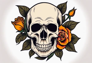 Masculine Old School Knee tattoo in fall colors showing a large skull with a rose tattoo idea