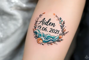 Adam 09. 06. 2021 – Orange and turquoise waves surrounding Aiden's birthdate, accented with small sea shells and a subtle sunset glow. tattoo idea