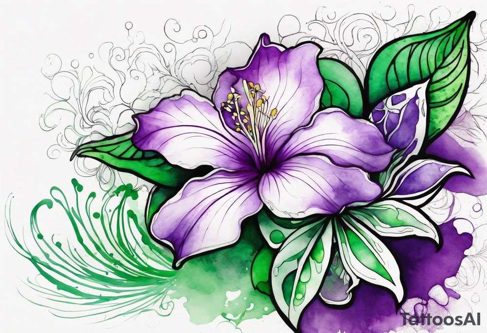 An outline of a green and purple rio dipladenia flower with a mystical green/purple watercolor splash in the background tattoo idea
