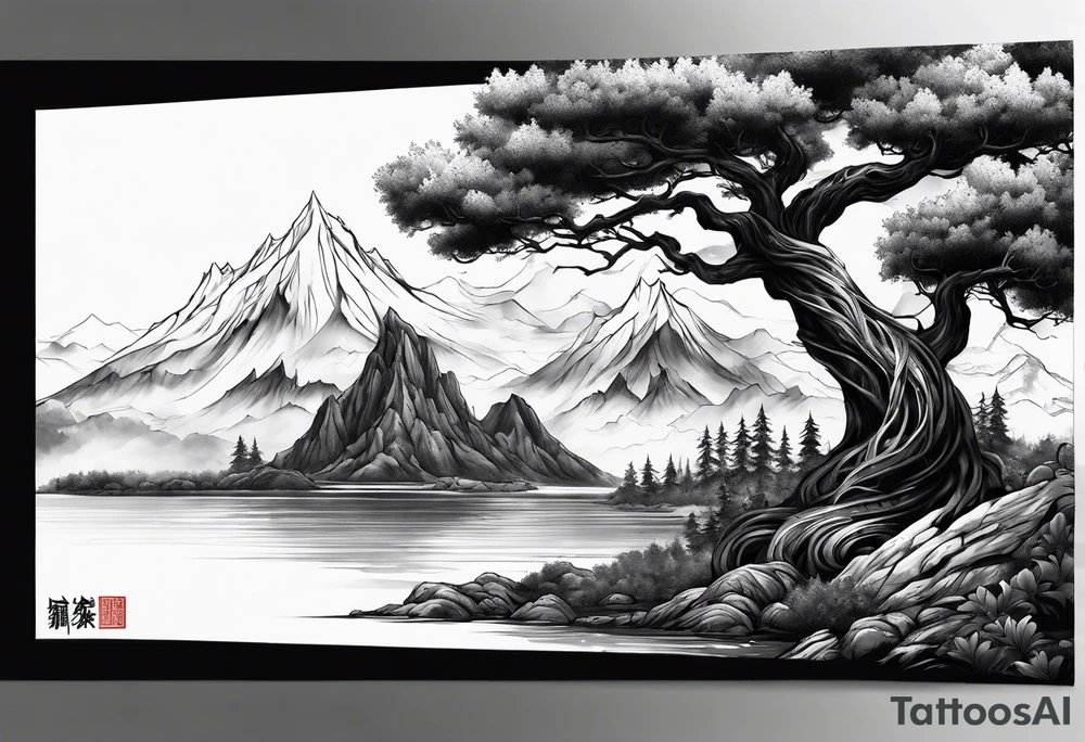 Full arm sleeve, tree going up to shoulder dead tree going down to wrist, wrapped in a serpent moving down with mountain, water, and demonic elements tattoo idea
