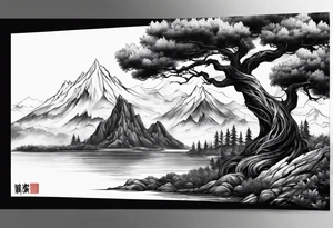 Full arm sleeve, tree going up to shoulder dead tree going down to wrist, wrapped in a serpent moving down with mountain, water, and demonic elements tattoo idea