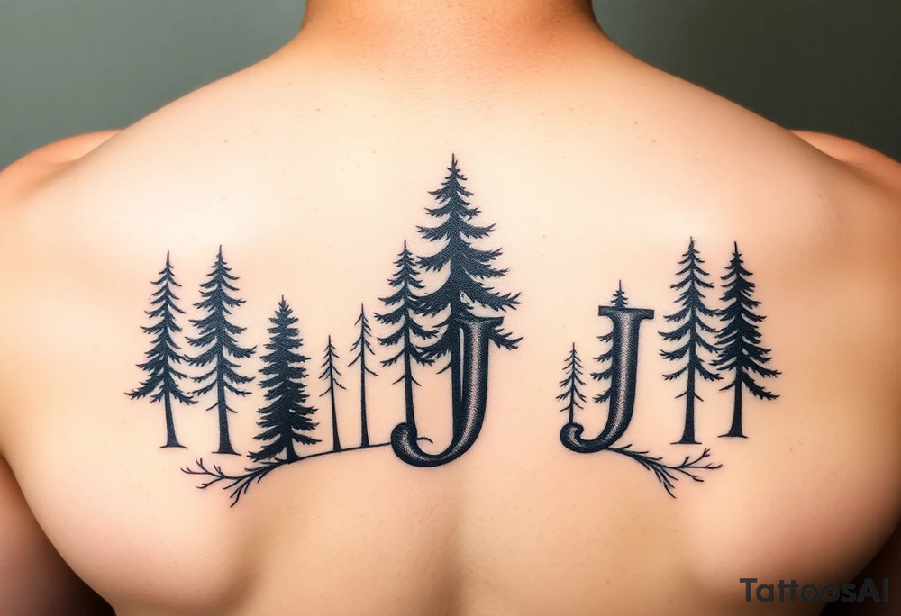 Triple J or three J's to represent a family. It should include trees or woods in the design but have either three J's or "Triple J" in the design. It should have limited coloring. tattoo idea