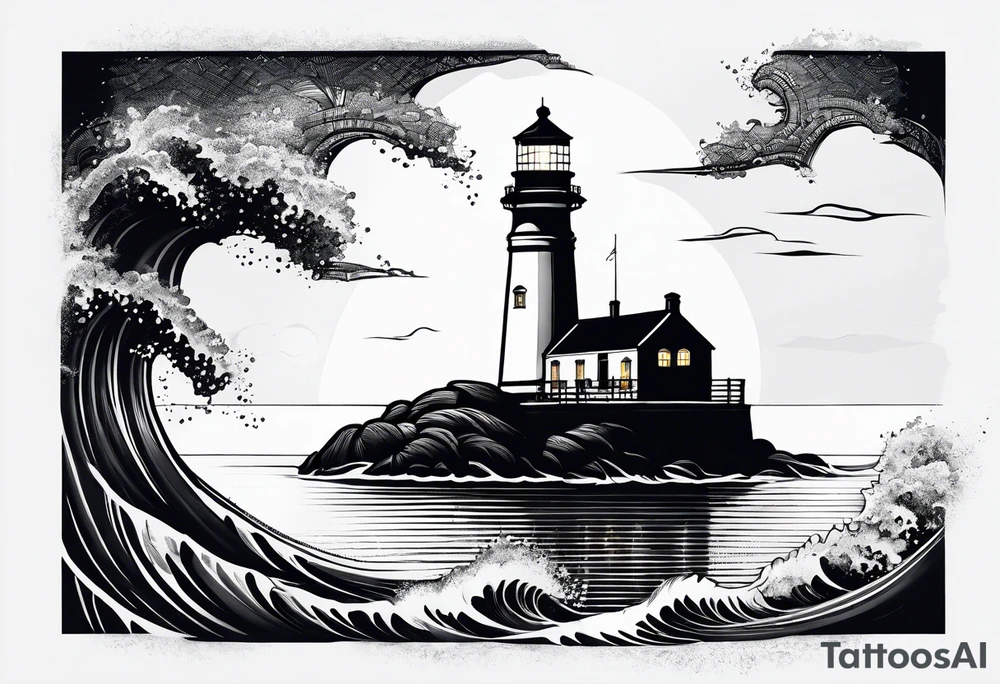 maritime lighthouse partially hidden by its large fixed sail. calm sea reflection. tattoo idea