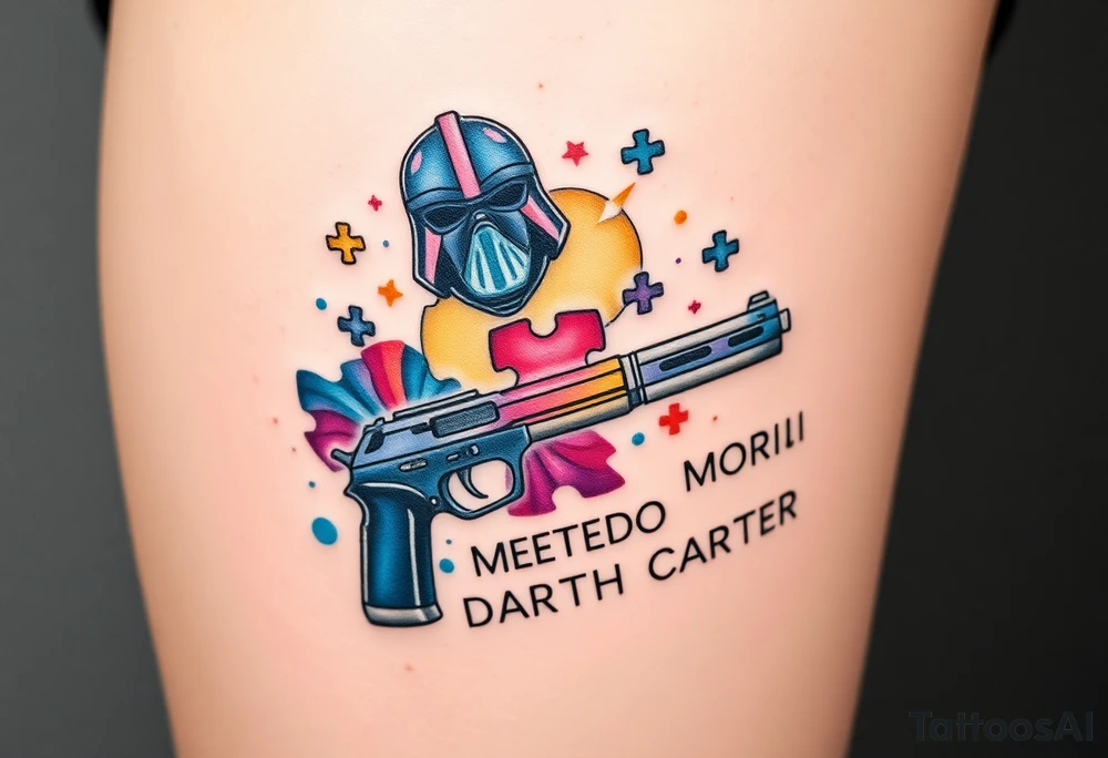 colorful futuristic memory tattoo for passed boyfriend;, star wars, Harley Davidson, skateboarding, puzzle pieces, video games, heaven, god, outdoors, beretta 9mm gun, disc golf, words MEMENTO MORI & DARTH CARTER tattoo idea