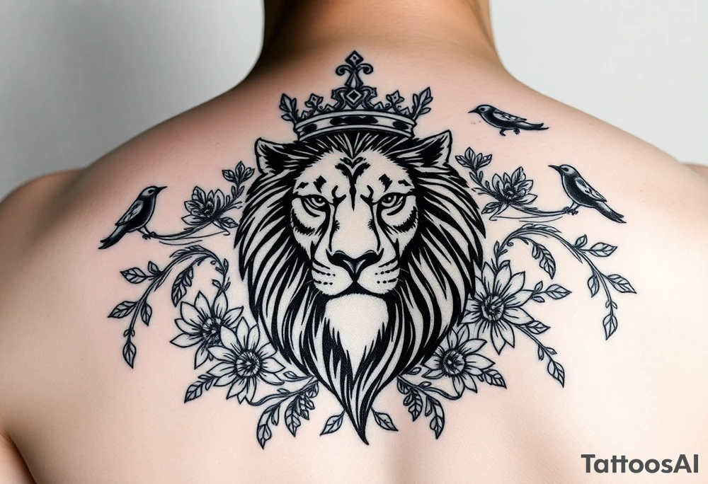 powerful majestic lion with a crown, surrounded by floral ornaments and birds tattoo idea