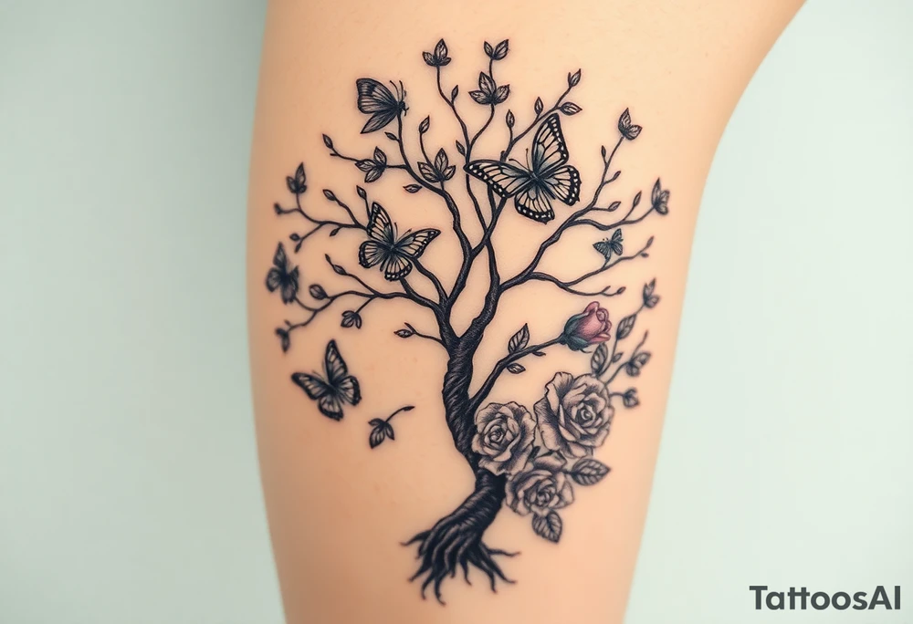 a poisoned tree with butterflies and roses around it and a semicolon somewhere in there make it a leg sleeve tattoo idea