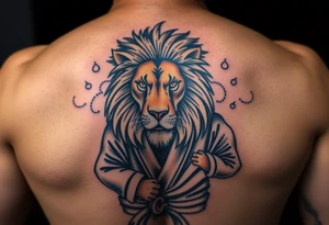 Lion wearing a Brazilian jiu jitsu gi as a person would along side his two sons. The surrounding area is the sarenghetti tattoo idea