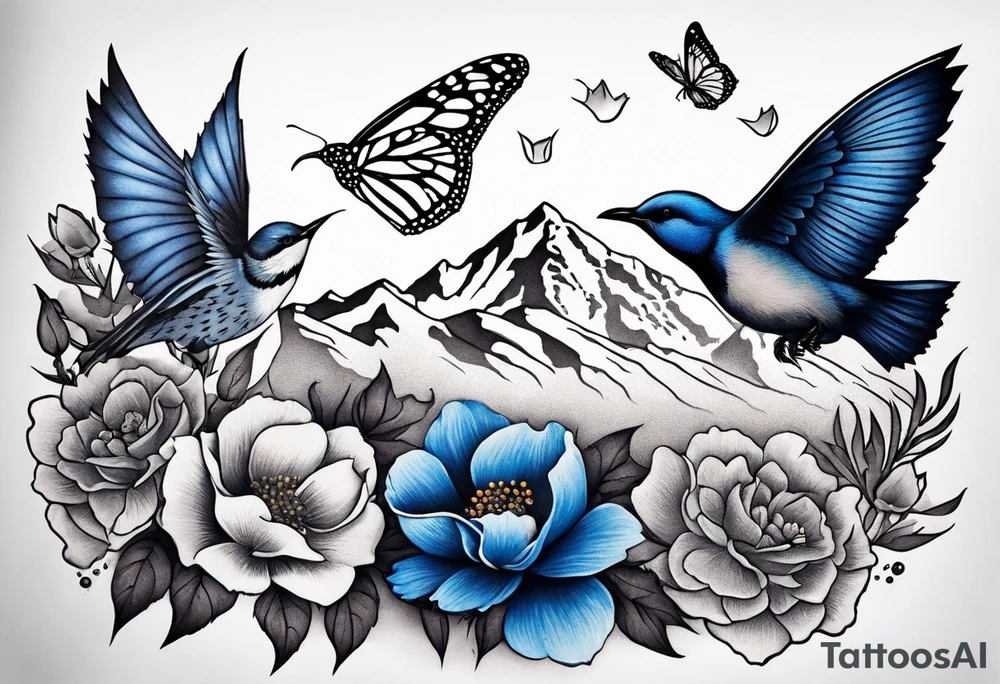 Rocky mountains with mountain blue birds and monarch butterflies with wild prairie roses  for a half sleeve tattoo idea