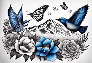 Rocky mountains with mountain blue birds and monarch butterflies with wild prairie roses  for a half sleeve tattoo idea