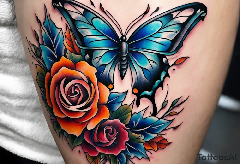 Front knee tattoo with fall colors, small flowers, rose, leaves, blue water flows with washes and background tattoo idea