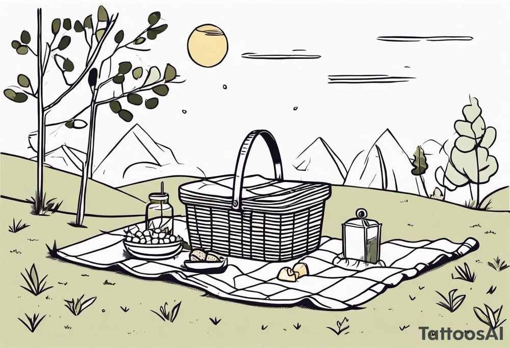 Very light and minimalstic picnic scene in nature. A blanket, picnic-basket with lid, pillows and party tennants. Thin lines. tattoo idea