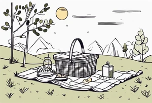 Very light and minimalstic picnic scene in nature. A blanket, picnic-basket with lid, pillows and party tennants. Thin lines. tattoo idea