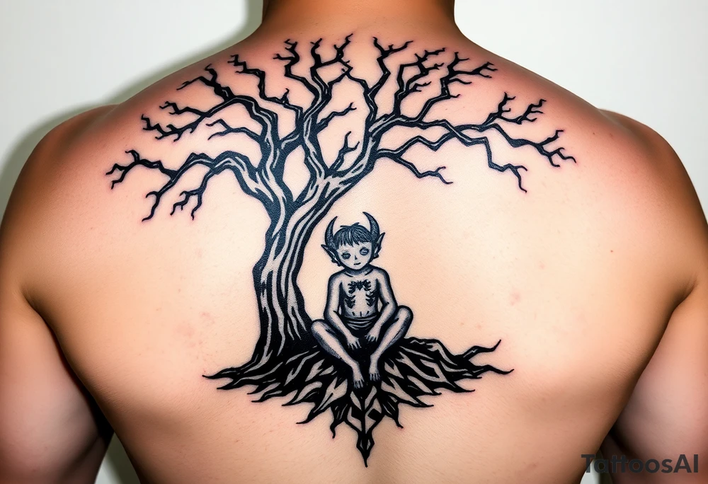 Gothic and demonic boy sitting under a tree. tattoo idea