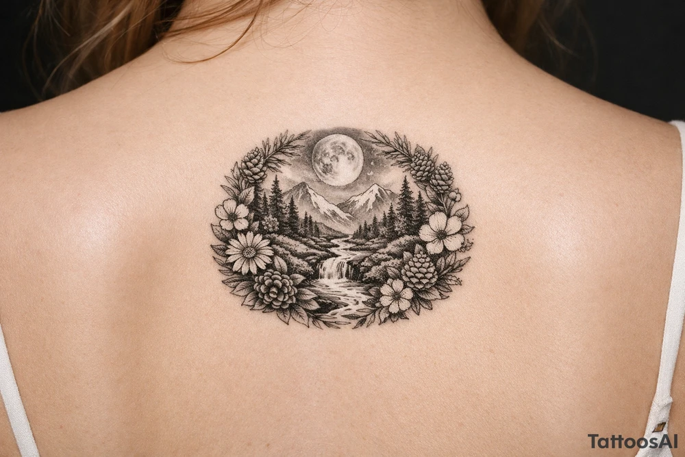 Full moon, mountains, stream surrounded by pine trees, encircled with wildflowers and pinecones tattoo idea