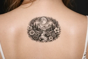 Full moon, mountains, stream surrounded by pine trees, encircled with wildflowers and pinecones tattoo idea