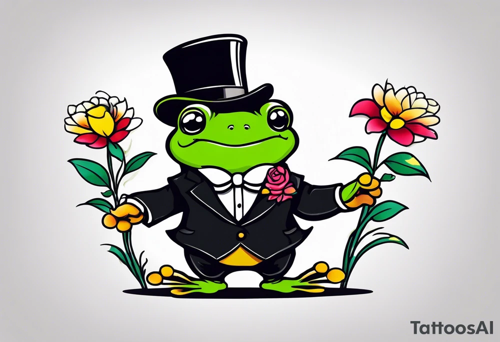Cute Frog wearing top hat and a suit standing on its Back legs while holding flowers tattoo idea Cute Frog wearing top hat and a suit standing on its Back legs while holding flowers tattoo idea