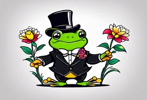 Cute Frog wearing top hat and a suit standing on its Back legs while holding flowers tattoo idea