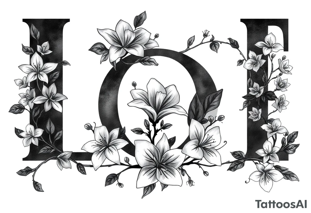 The word Kloee surrounded by lilies with the vines in letters tattoo idea