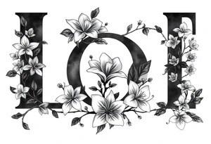 The word Kloee surrounded by lilies with the vines in letters tattoo idea