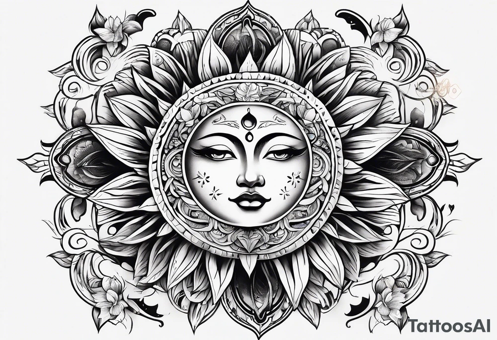 sun moon floral tattoo idea
