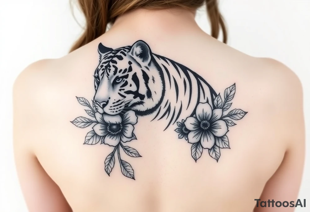 a whole tiger with some flowers around it tattoo idea