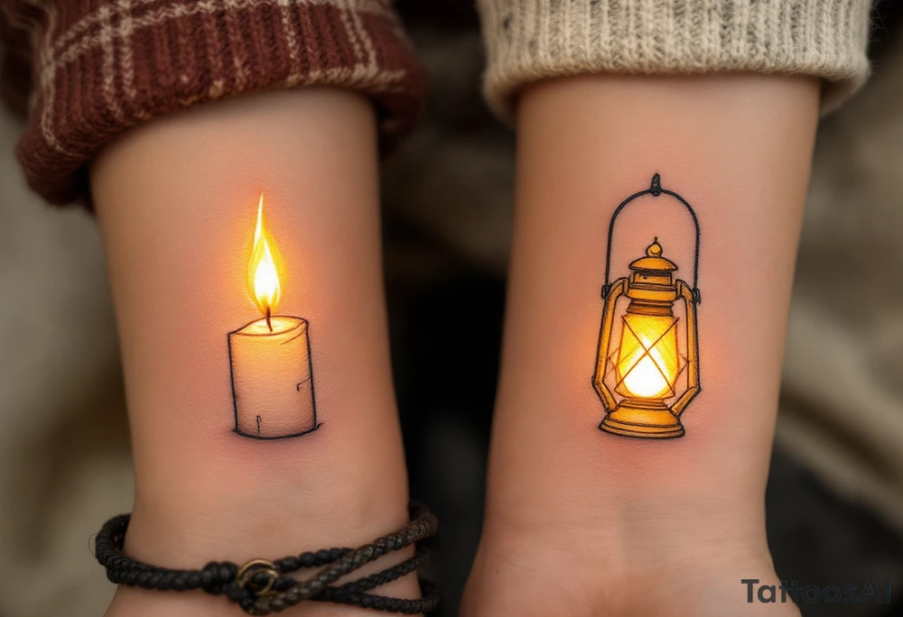 One wears a candle burning in golden flame, and the other a glowing lantern in warm yellow, showing they light each other’s path. tattoo idea