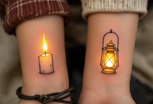 One wears a candle burning in golden flame, and the other a glowing lantern in warm yellow, showing they light each other’s path. tattoo idea