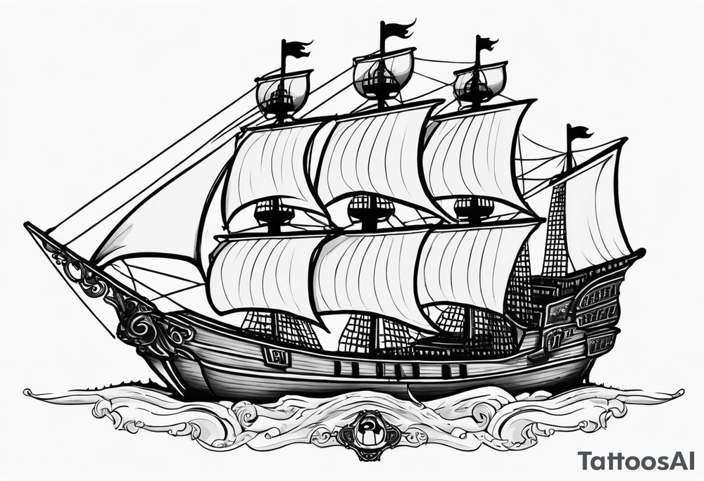 Black and gray pirate ship with the names Albie and Crew tattoo idea