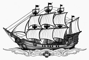 Black and gray pirate ship with the names Albie and Crew tattoo idea
