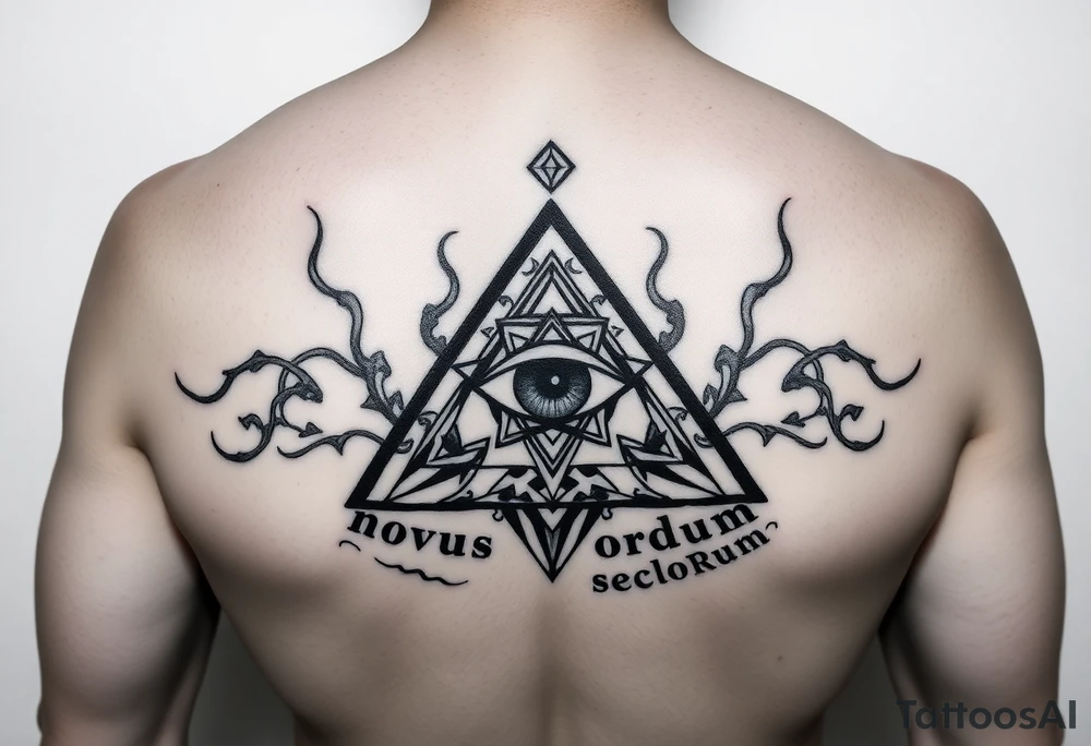 Pyramid with eye in the center, diamond on the top,surrounded by words - novus ordum seclorum tattoo idea