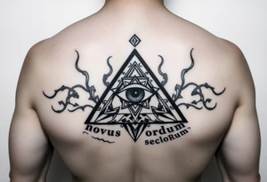 Pyramid with eye in the center, diamond on the top,surrounded by words - novus ordum seclorum tattoo idea