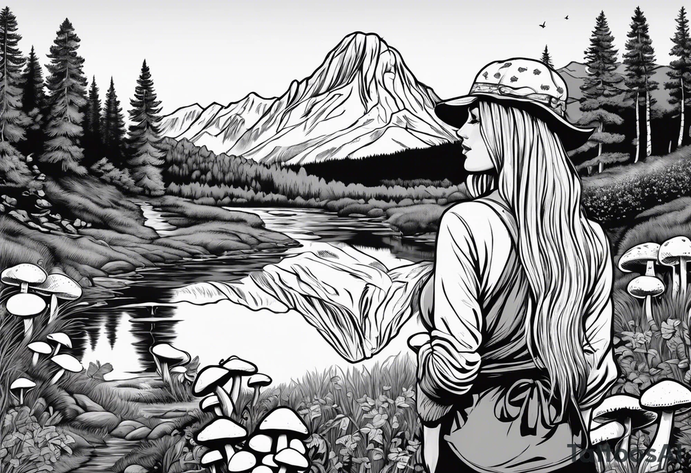 Whole picture encircled fully

Straight long blonde hair hippie girl in distance holding mushrooms in hand facing away toward mountains and creek surrounded by mushrooms long sleeve shirt and hiking pants; whole rendering within a full circle, no cut off circle tattoo idea