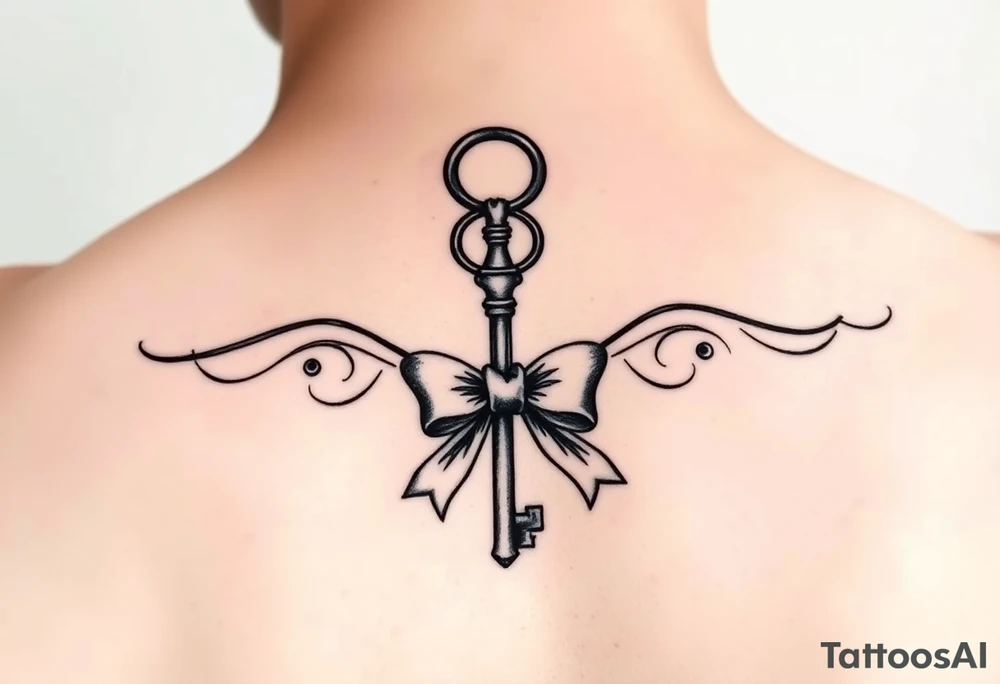 antique brass key with delicate bow tattoo idea