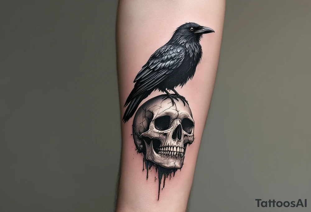Crow and Skull – A detailed black crow standing atop a cracked human skull. Hyper-realistic style in grayscale with hints of ochre and sepia around the bones. tattoo idea