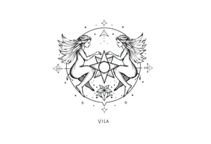 intricate Gemini zodiac star constellation with sacred geometry and cosmic elements with my name Viola in it tattoo idea