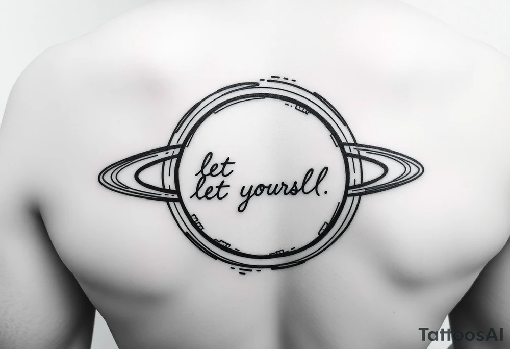 Minimalistic saturn planet, but the text «let yourself» is placed inside saturns rings tattoo idea