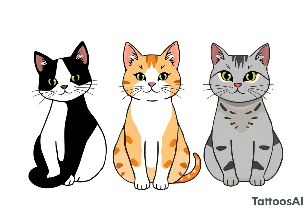 three cats, one black and white cat, one orange and white cat and one grey tabby cat tattoo idea