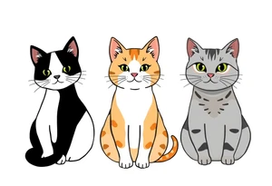 three cats, one black and white cat, one orange and white cat and one grey tabby cat tattoo idea