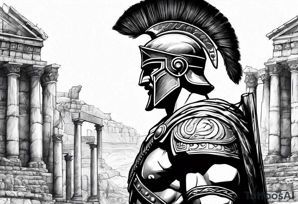 Side profile Spartan Solider ancient roman city in the background tattoo idea