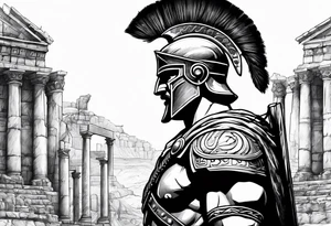 Side profile Spartan Solider ancient roman city in the background tattoo idea