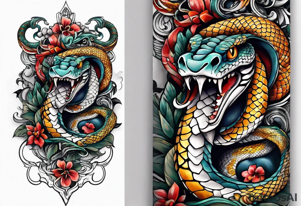Arm sleeve with a snake with 3 heads tattoo idea