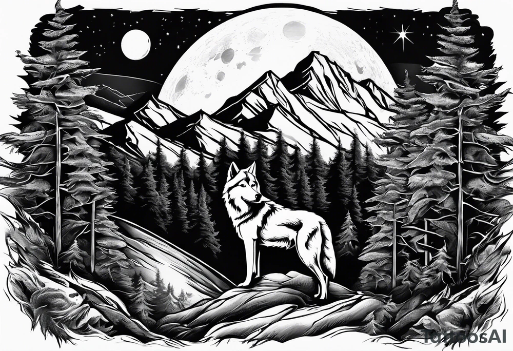 Mountain peaks
Two wolves
Moon
Dark woods
Trail tattoo idea