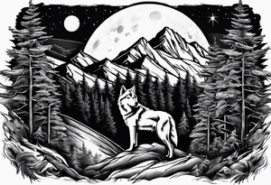 Mountain peaks
Two wolves
Moon
Dark woods
Trail tattoo idea
