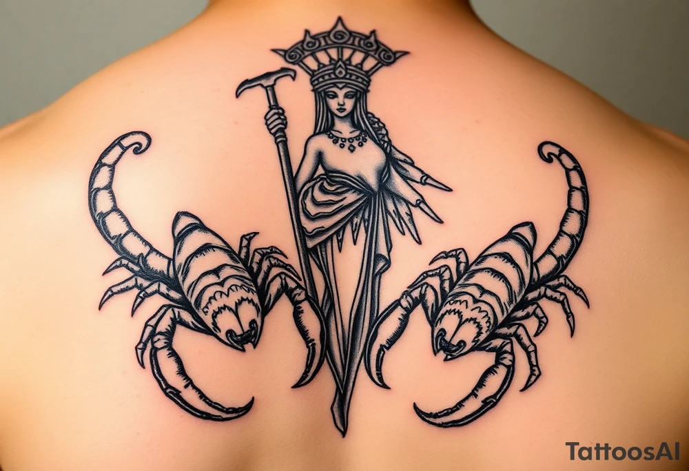 powerful majestic scorpions next to the figure of Themis tattoo idea