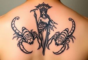 powerful majestic scorpions next to the figure of Themis tattoo idea