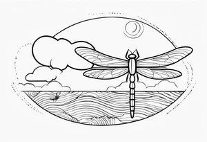 (fine line) cloud and sun with small dragonfly tattoo idea