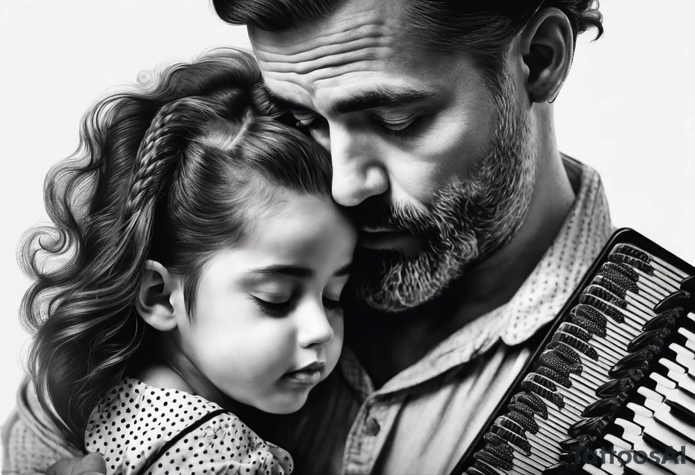 sad man with accordion and his young child girl tattoo idea