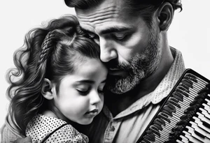 sad man with accordion and his young child girl tattoo idea