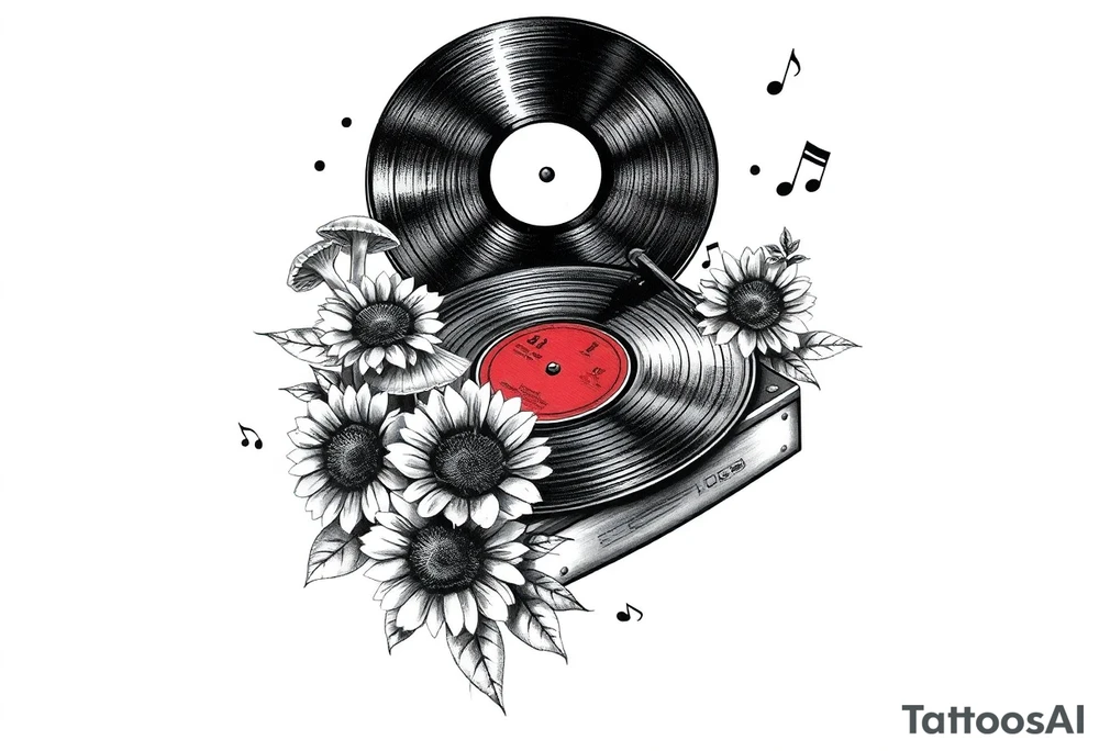 vinyl record player with mushrooms, sunflowers, and music notes around it tattoo idea