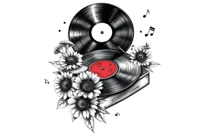 vinyl record player with mushrooms, sunflowers, and music notes around it tattoo idea